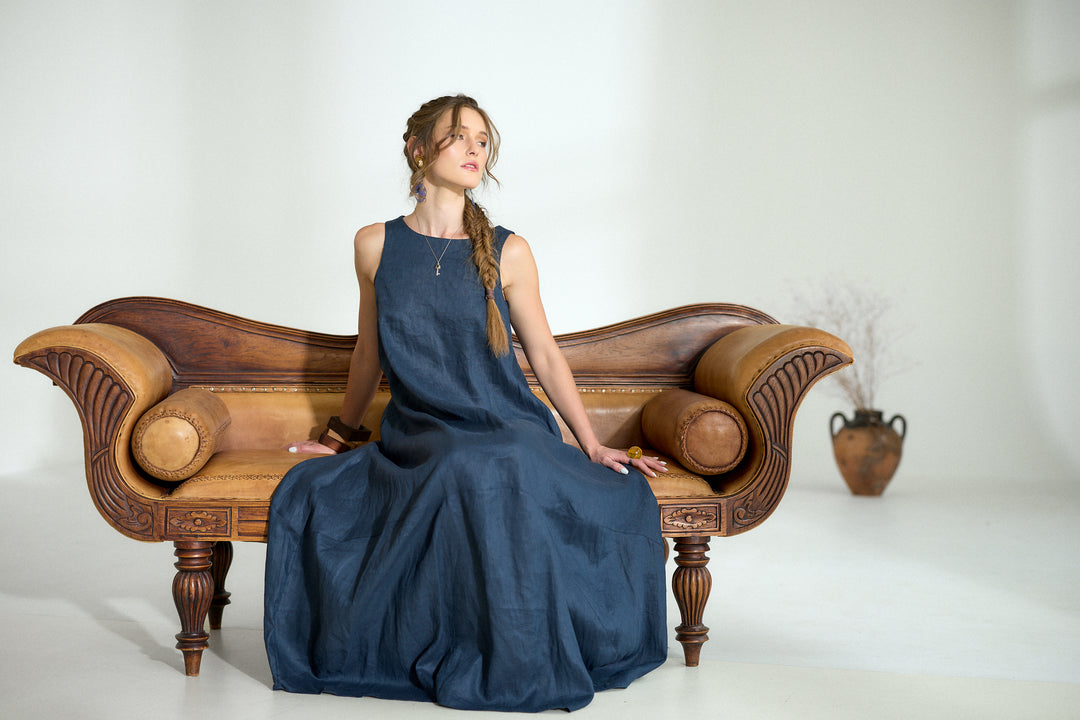 Dark Blue Maxi Linen Cocoon Dres