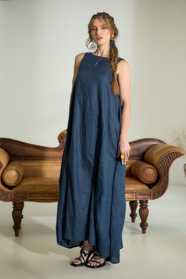 Dark Blue Maxi Linen Cocoon Dres