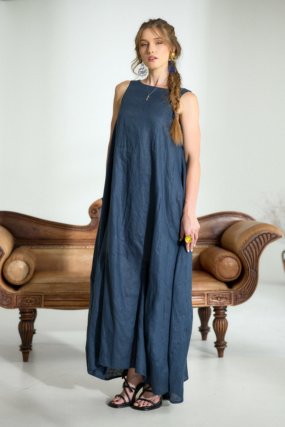 Dark Blue Maxi Linen Cocoon Dres