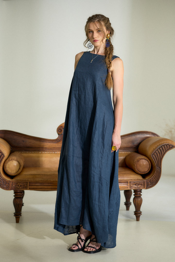 Dark Blue Maxi Linen Cocoon Dres