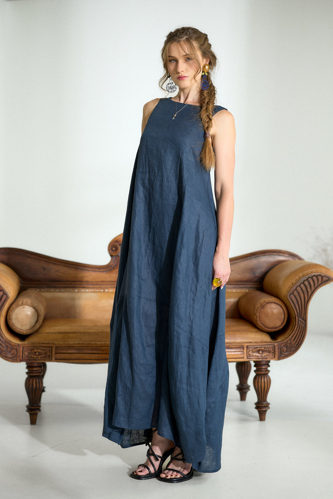 Dark Blue Maxi Linen Cocoon Dres