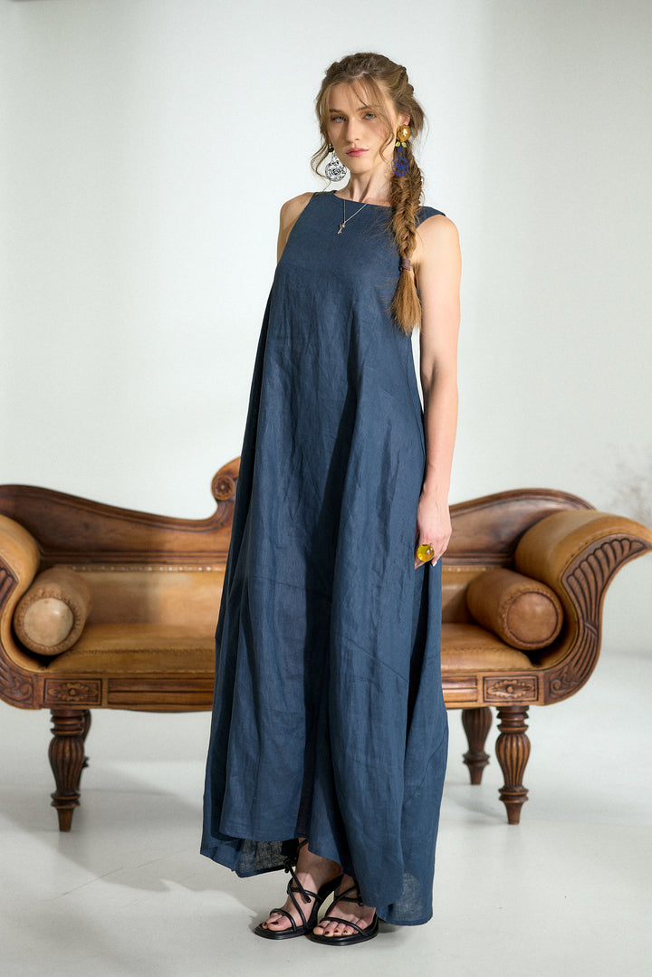 Dark Blue Maxi Linen Cocoon Dres