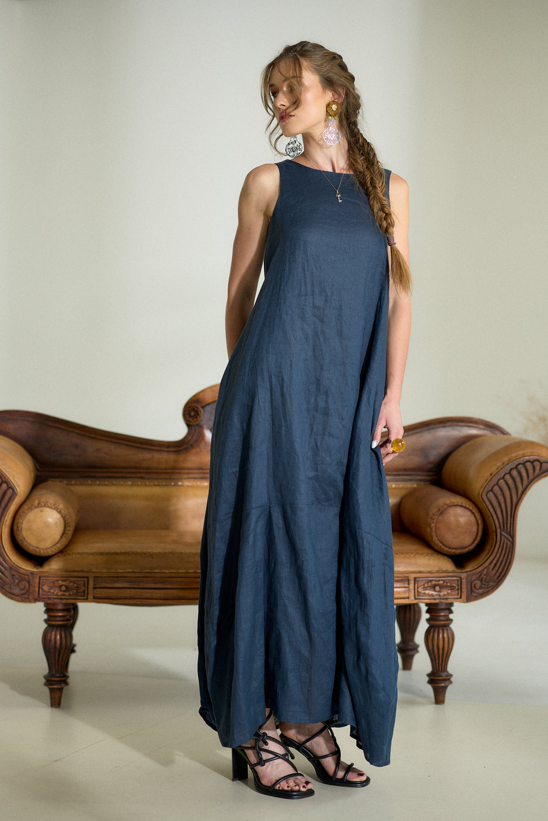 Dark Blue Maxi Linen Cocoon Dres