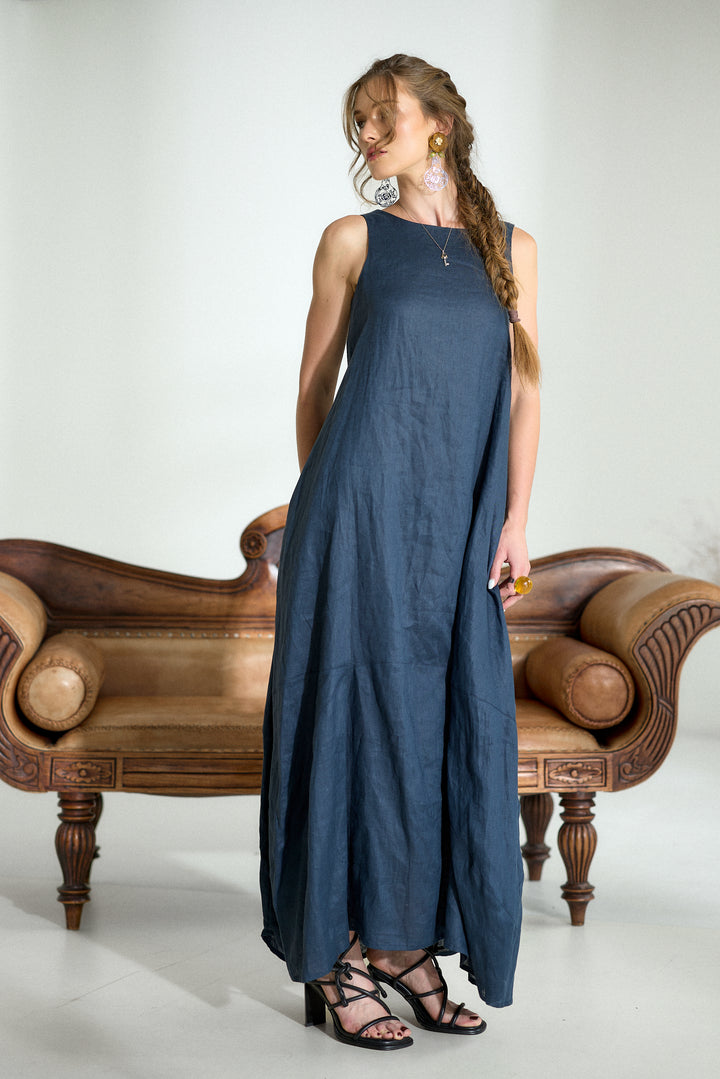 Dark Blue Maxi Linen Cocoon Dres