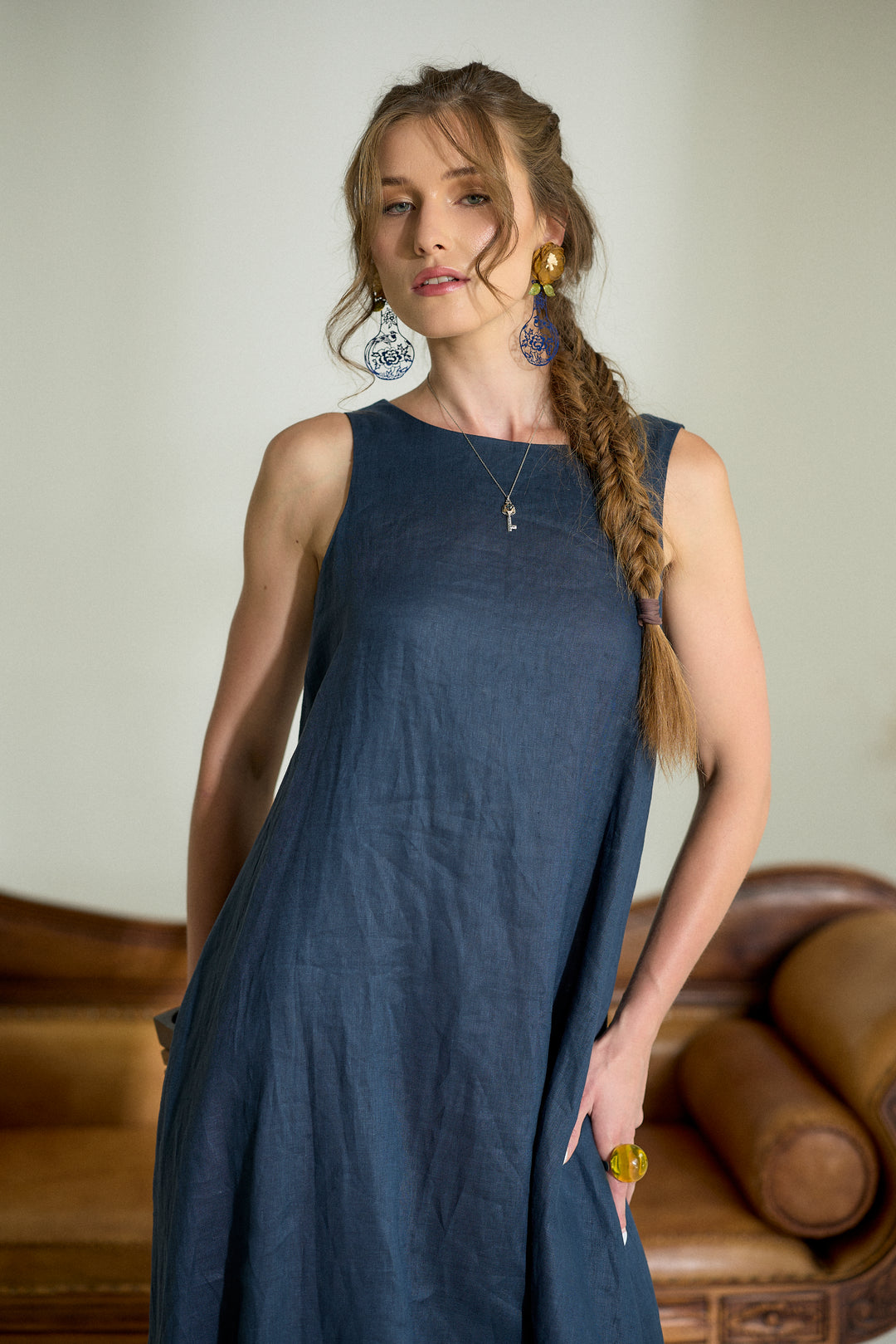 Dark Blue Maxi Linen Cocoon Dres