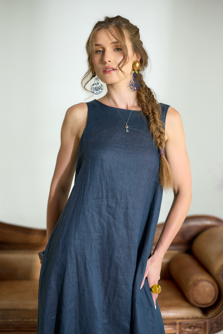 Dark Blue Maxi Linen Cocoon Dres
