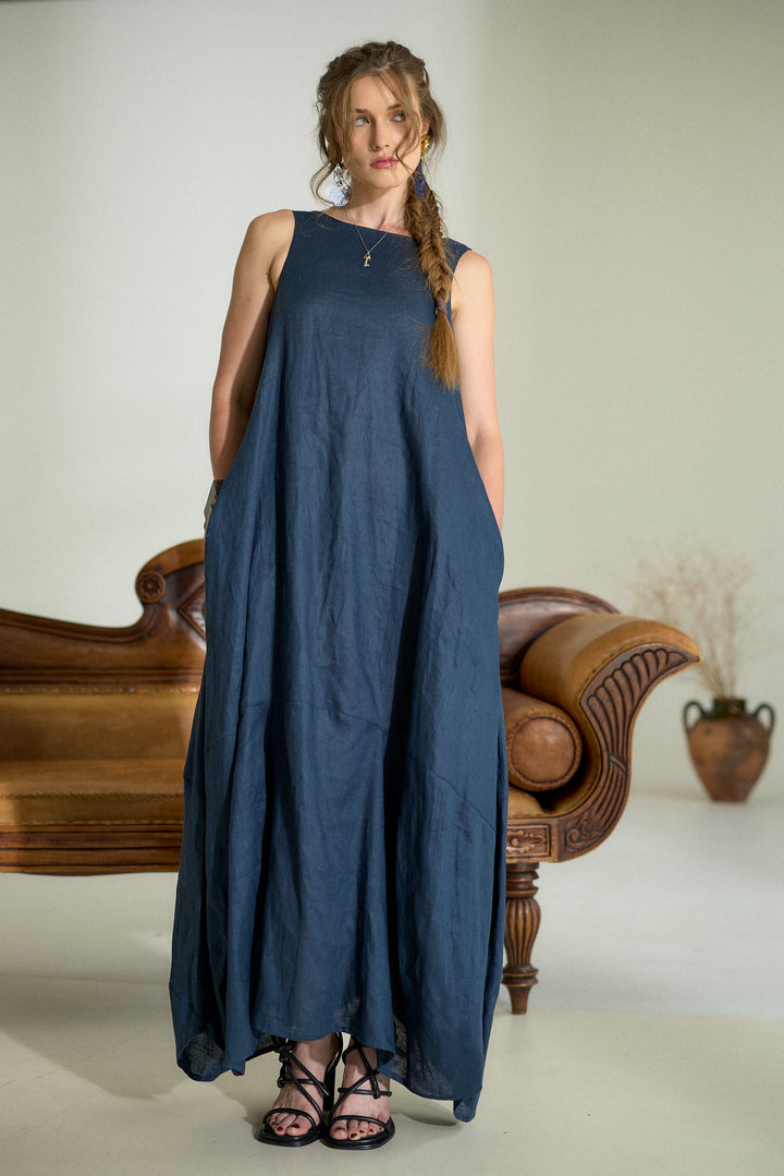 Dark Blue Maxi Linen Cocoon Dres