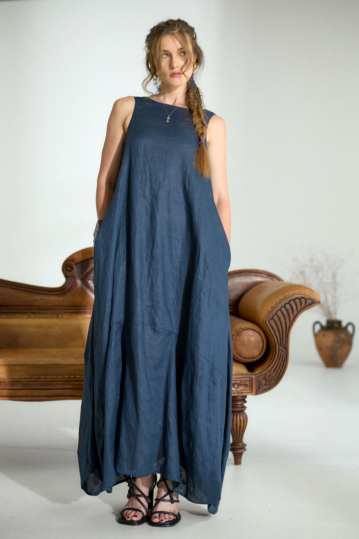 Dark Blue Maxi Linen Cocoon Dres