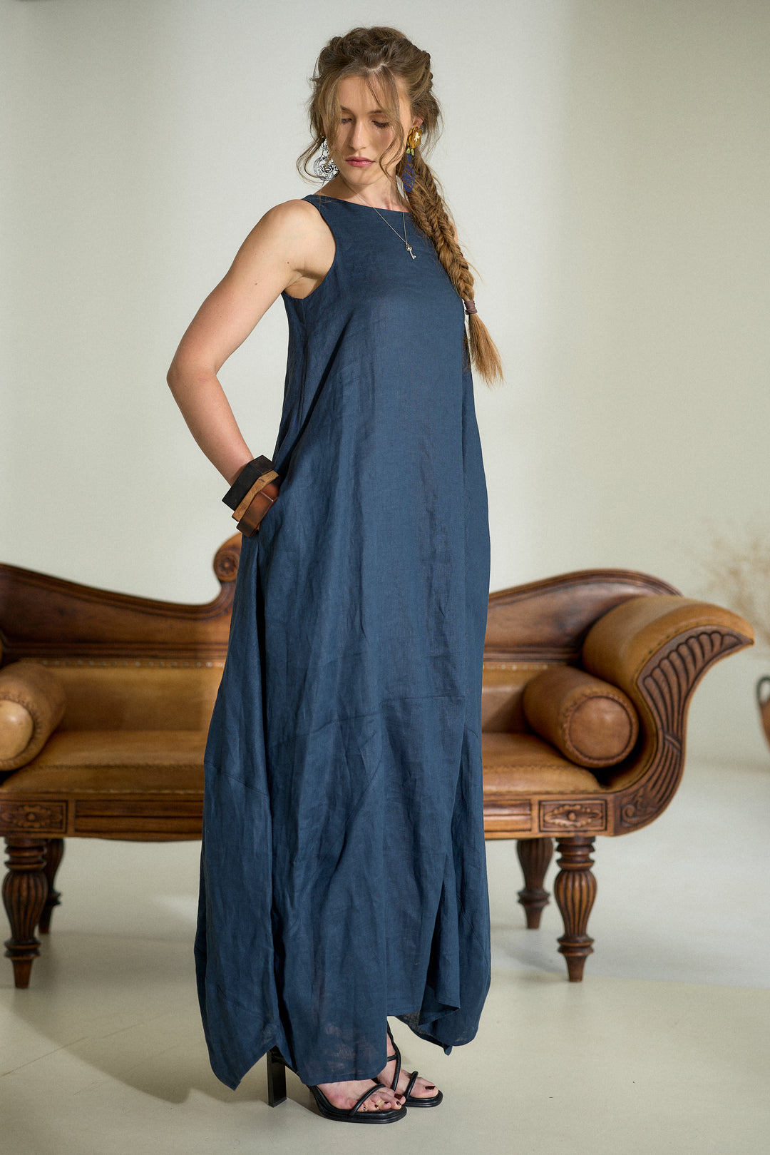 Dark Blue Maxi Linen Cocoon Dres