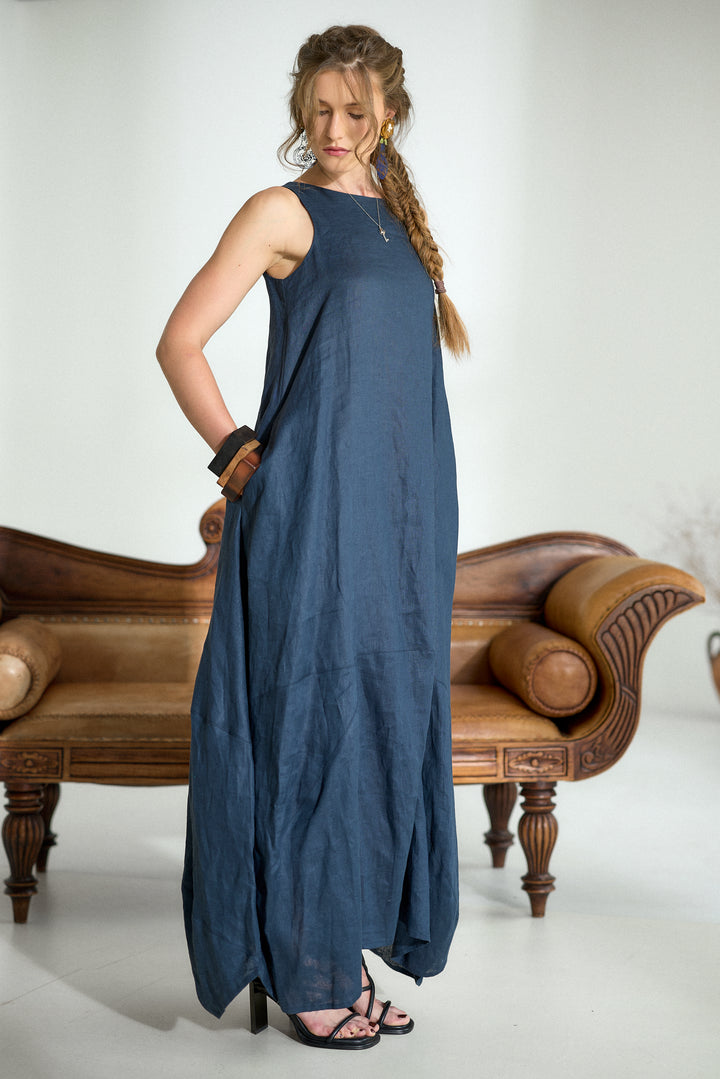 Dark Blue Maxi Linen Cocoon Dres