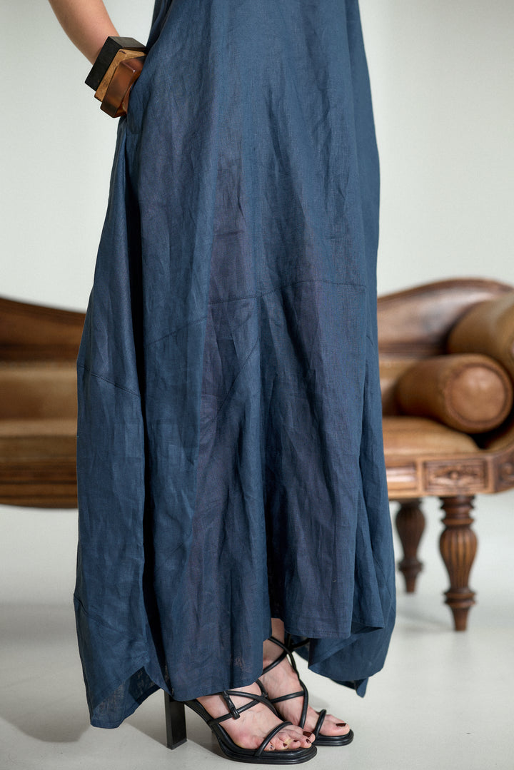 Dark Blue Maxi Linen Cocoon Dres