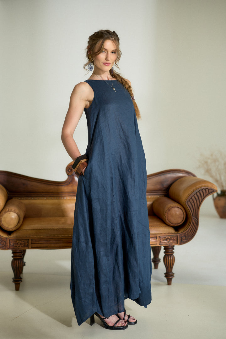 Dark Blue Maxi Linen Cocoon Dres