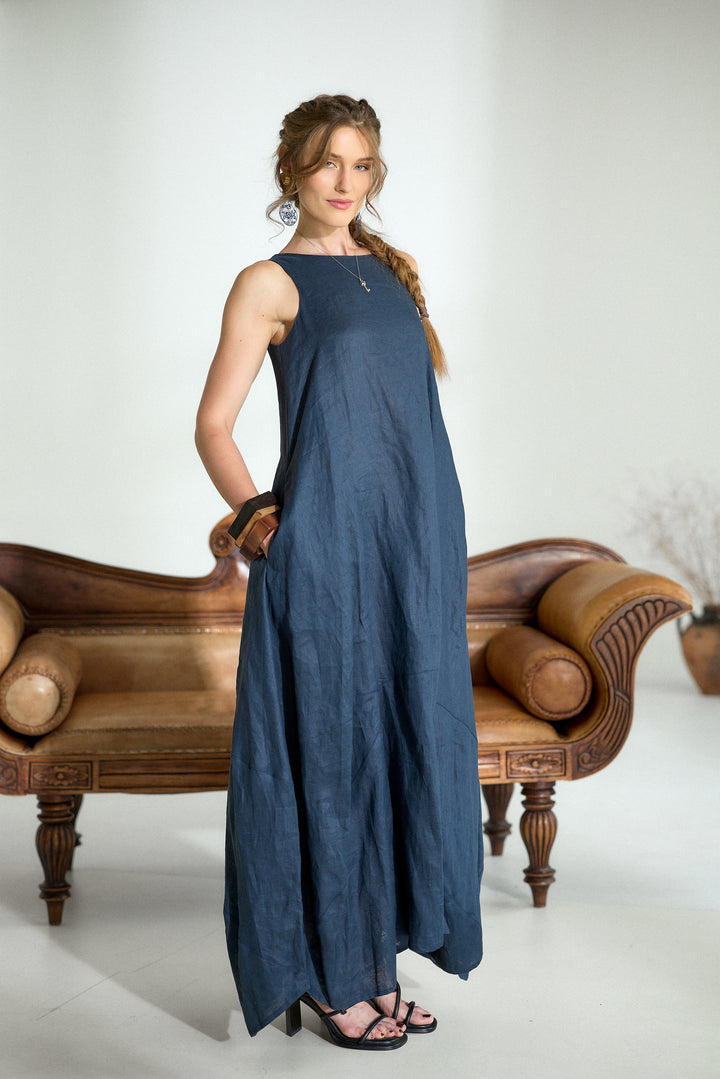Dark Blue Maxi Linen Cocoon Dres