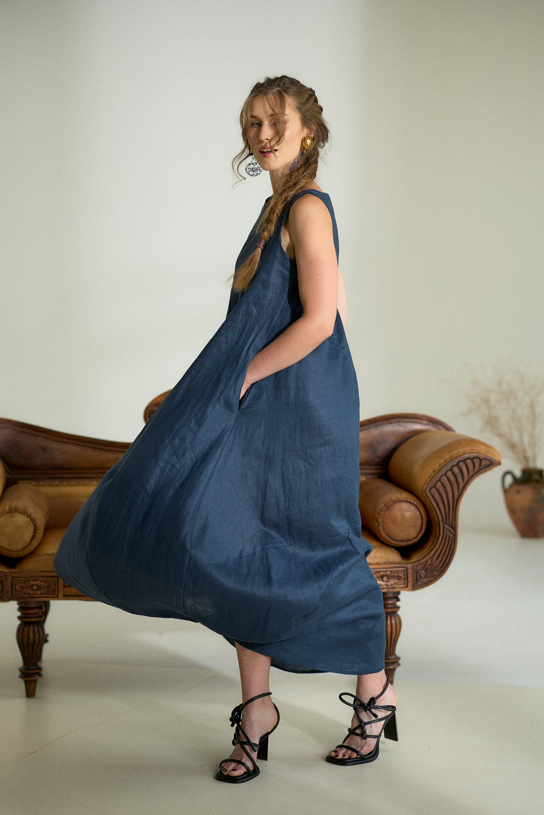 Dark Blue Maxi Linen Cocoon Dres