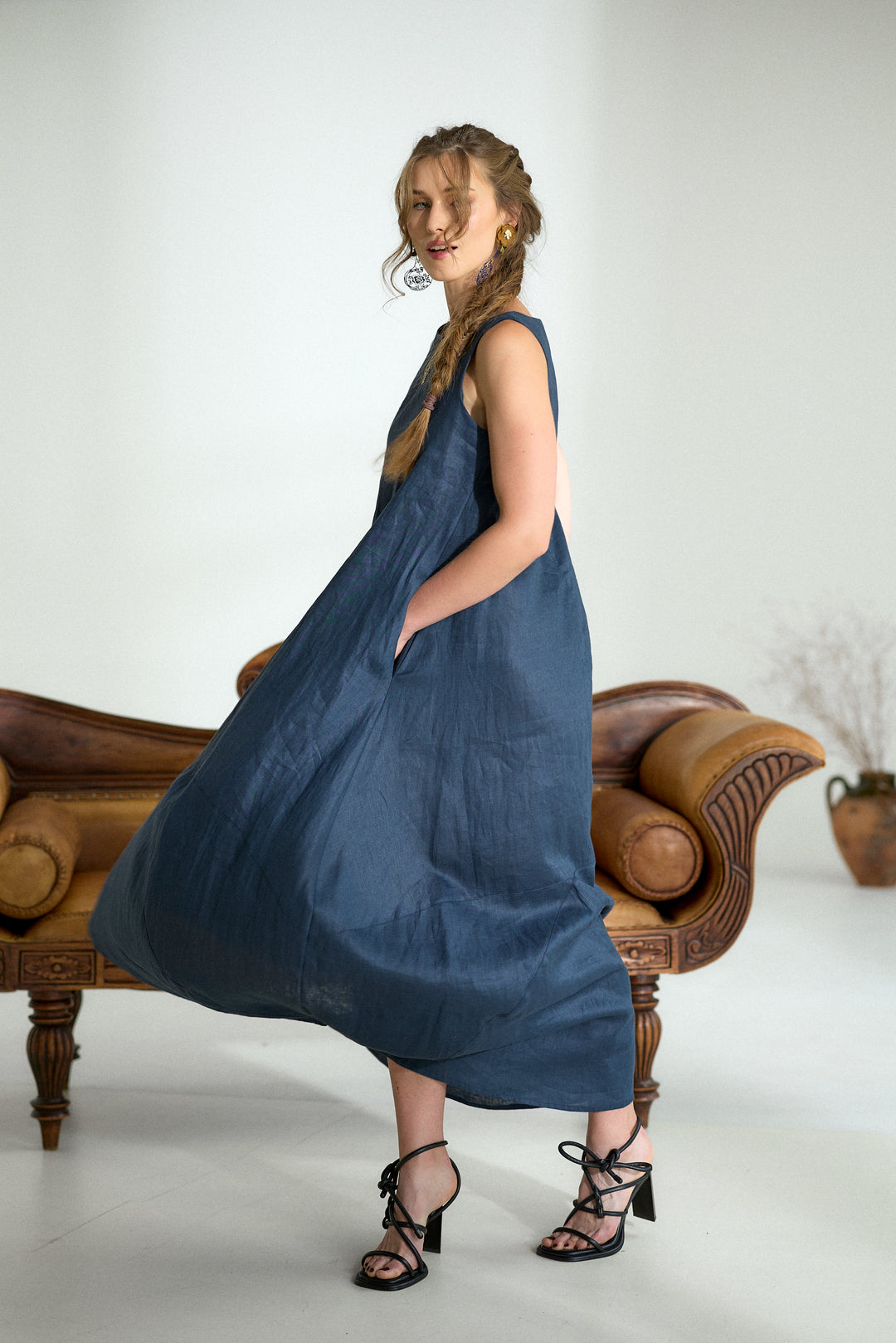 Dark Blue Maxi Linen Cocoon Dres
