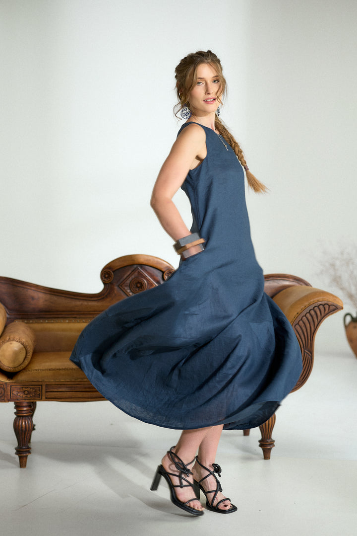 Dark Blue Maxi Linen Cocoon Dres