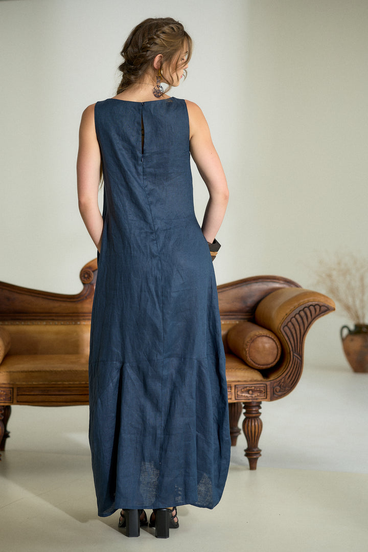 Dark Blue Maxi Linen Cocoon Dres
