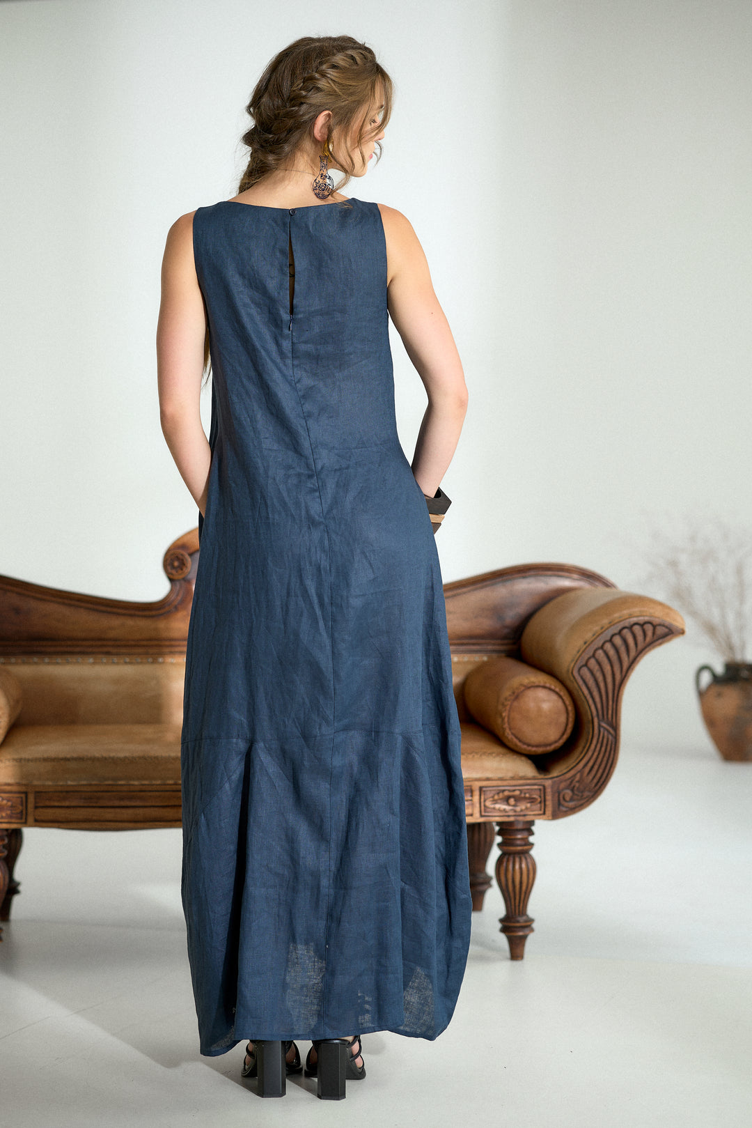 Dark Blue Maxi Linen Cocoon Dres