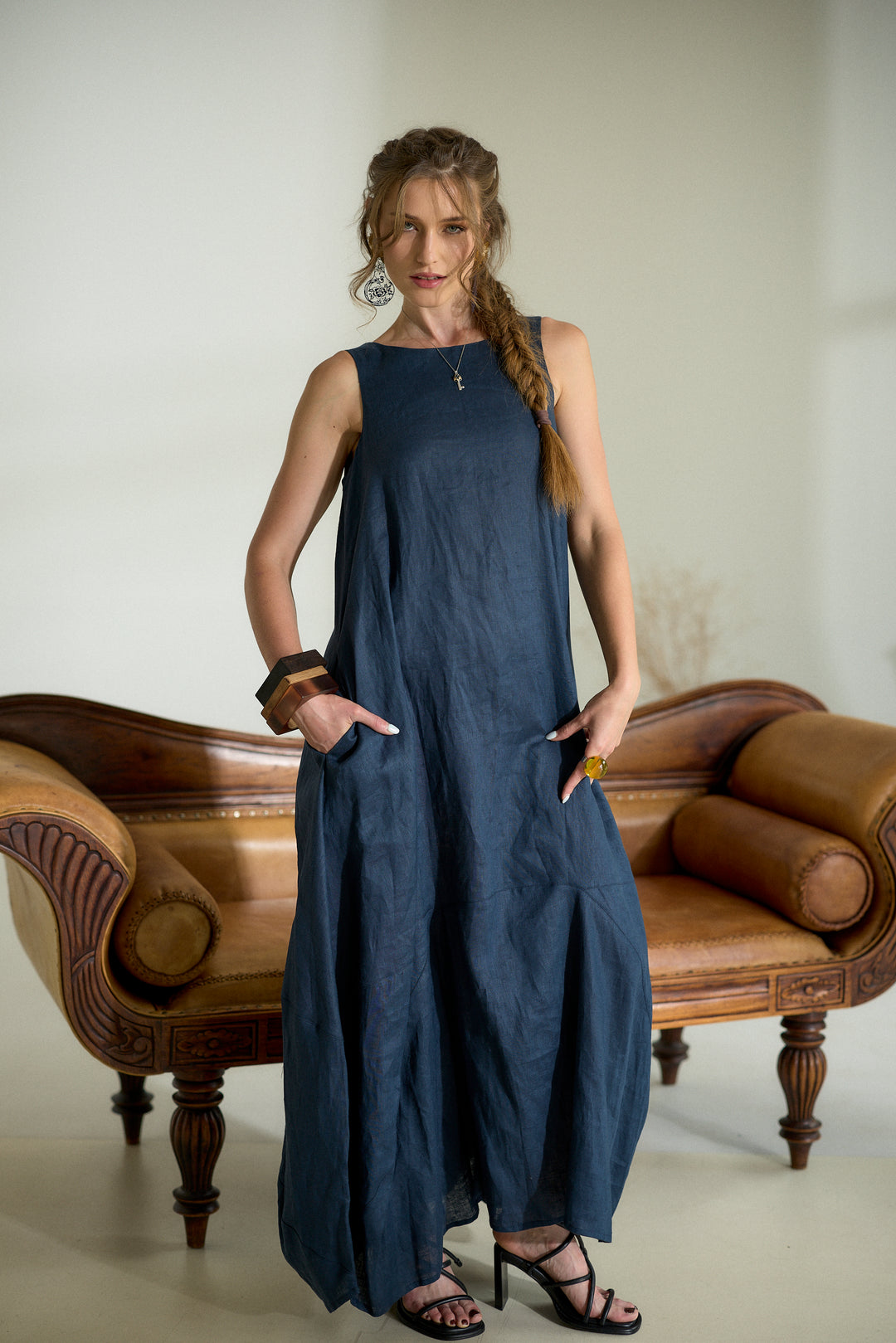 Dark Blue Maxi Linen Cocoon Dres