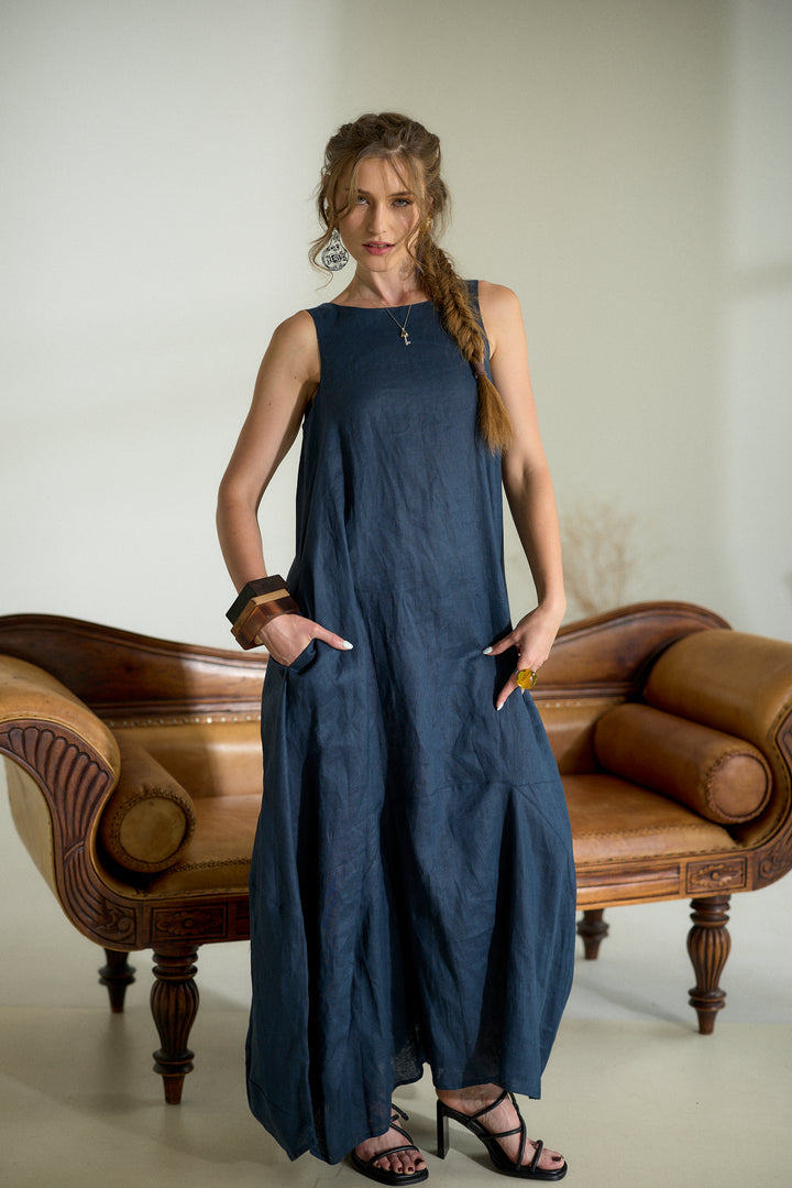 Dark Blue Maxi Linen Cocoon Dres