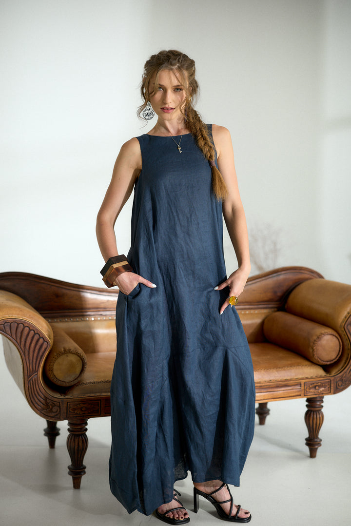 Dark Blue Maxi Linen Cocoon Dres