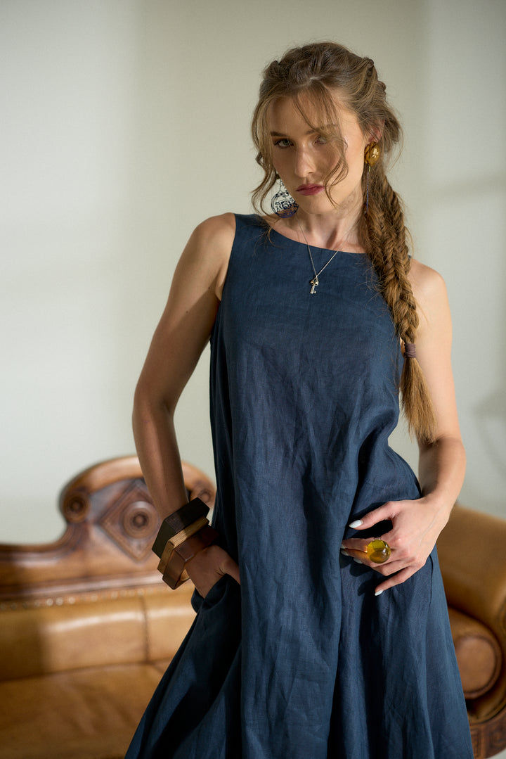 Dark Blue Maxi Linen Cocoon Dres