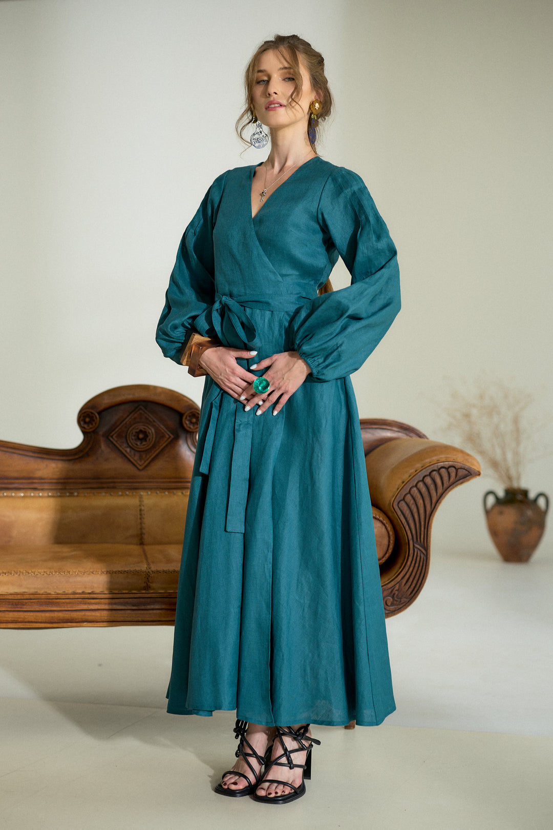 Pure Linen Wrap Maxi Dress in Petroleum Blue