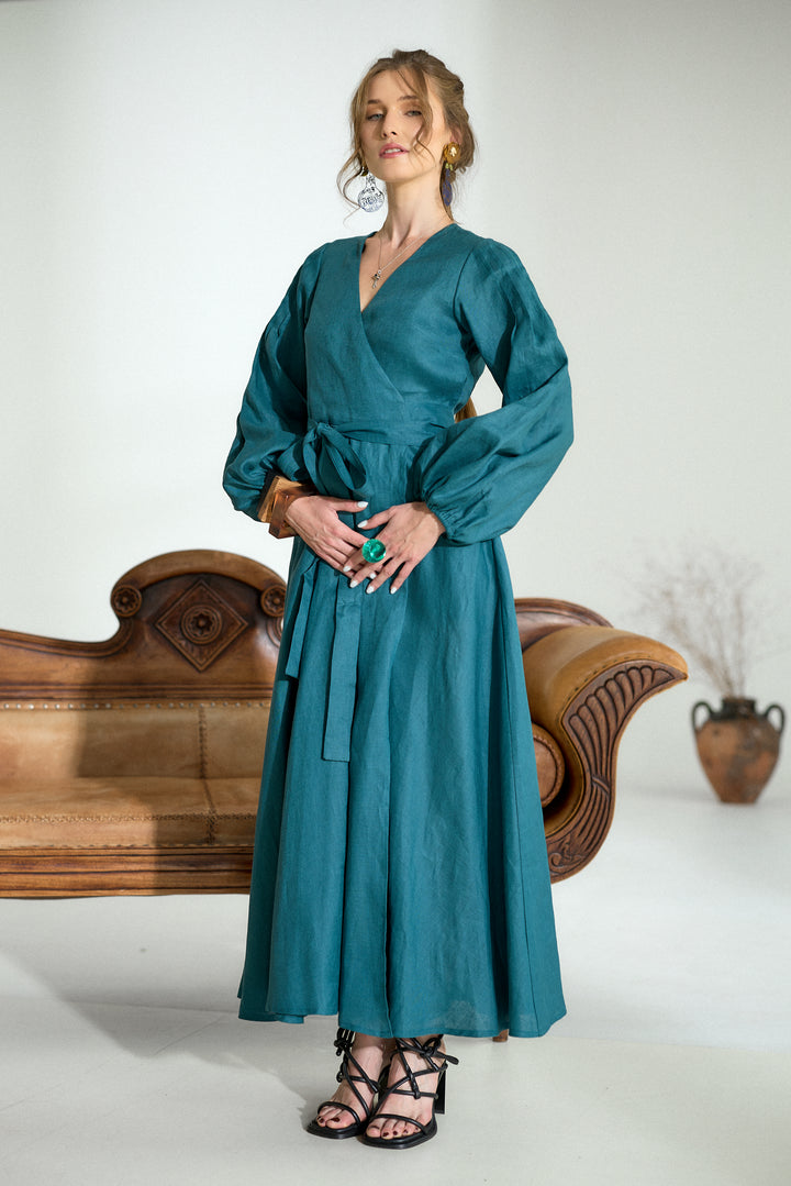 Pure Linen Wrap Maxi Dress in Petroleum Blue