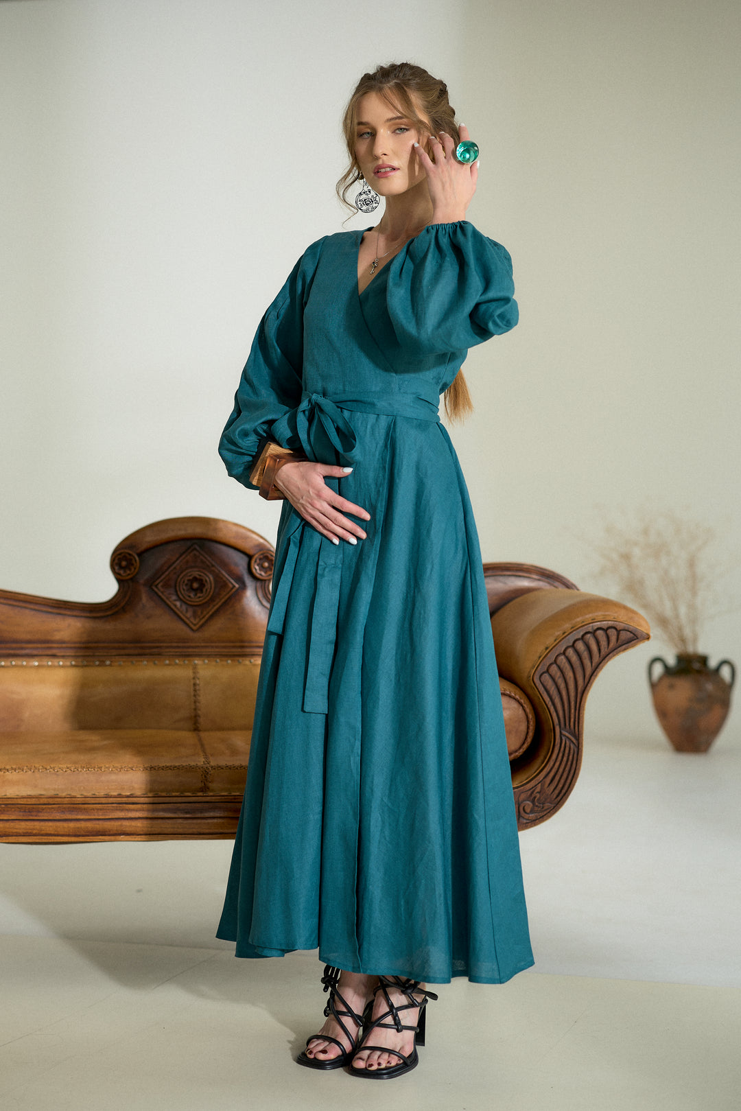 Pure Linen Wrap Maxi Dress in Petroleum Blue