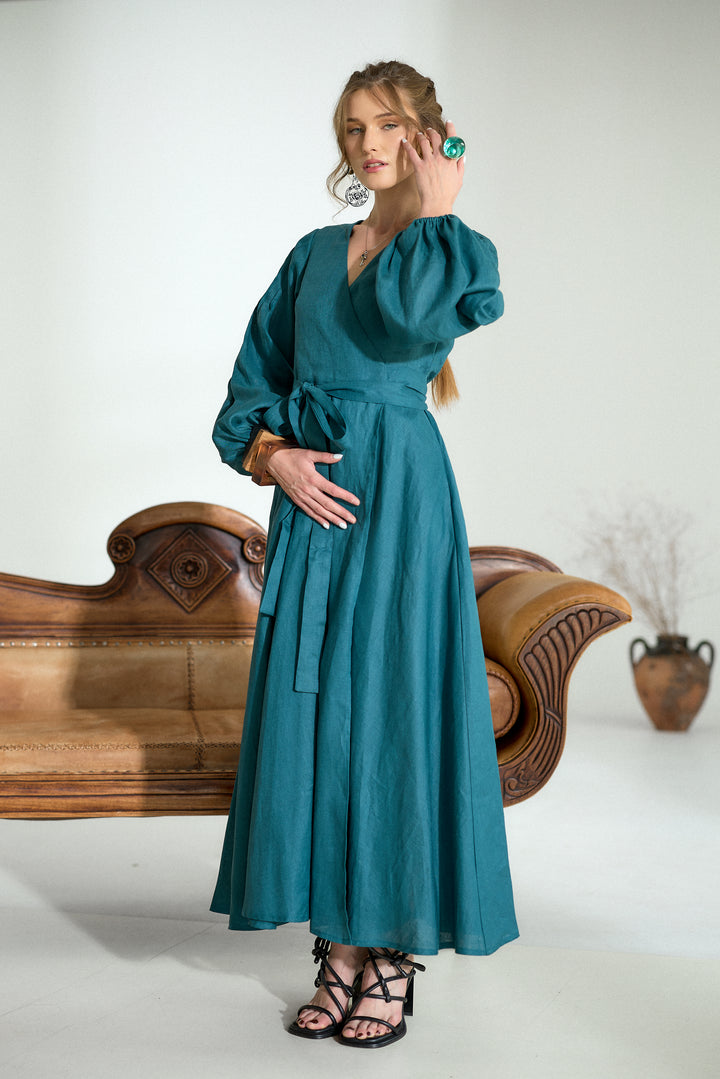 Pure Linen Wrap Maxi Dress in Petroleum Blue
