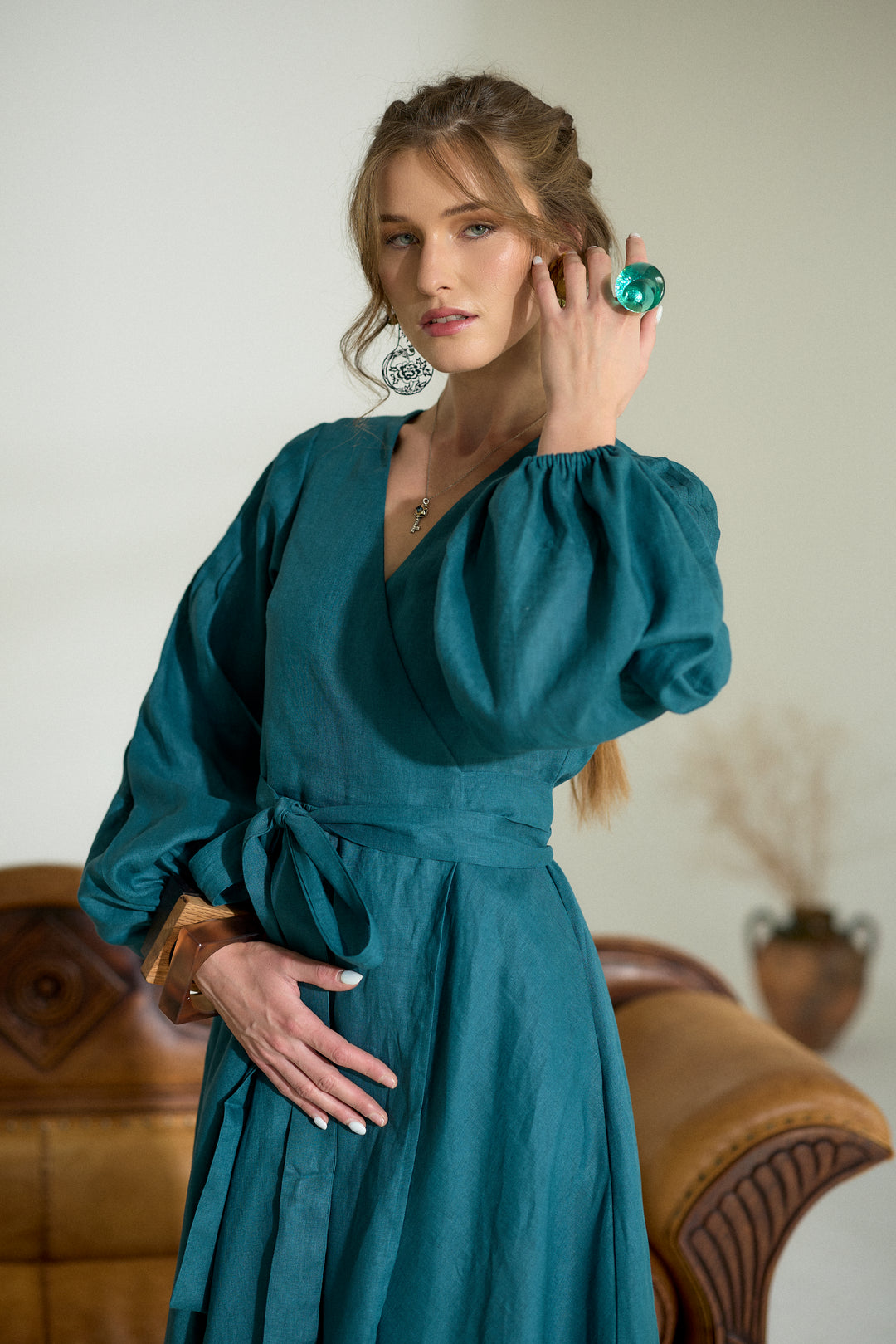 Pure Linen Wrap Maxi Dress in Petroleum Blue
