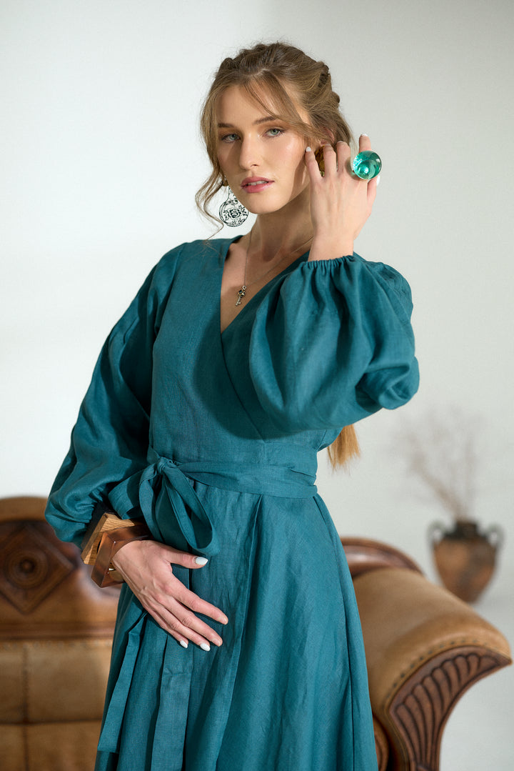 Pure Linen Wrap Maxi Dress in Petroleum Blue