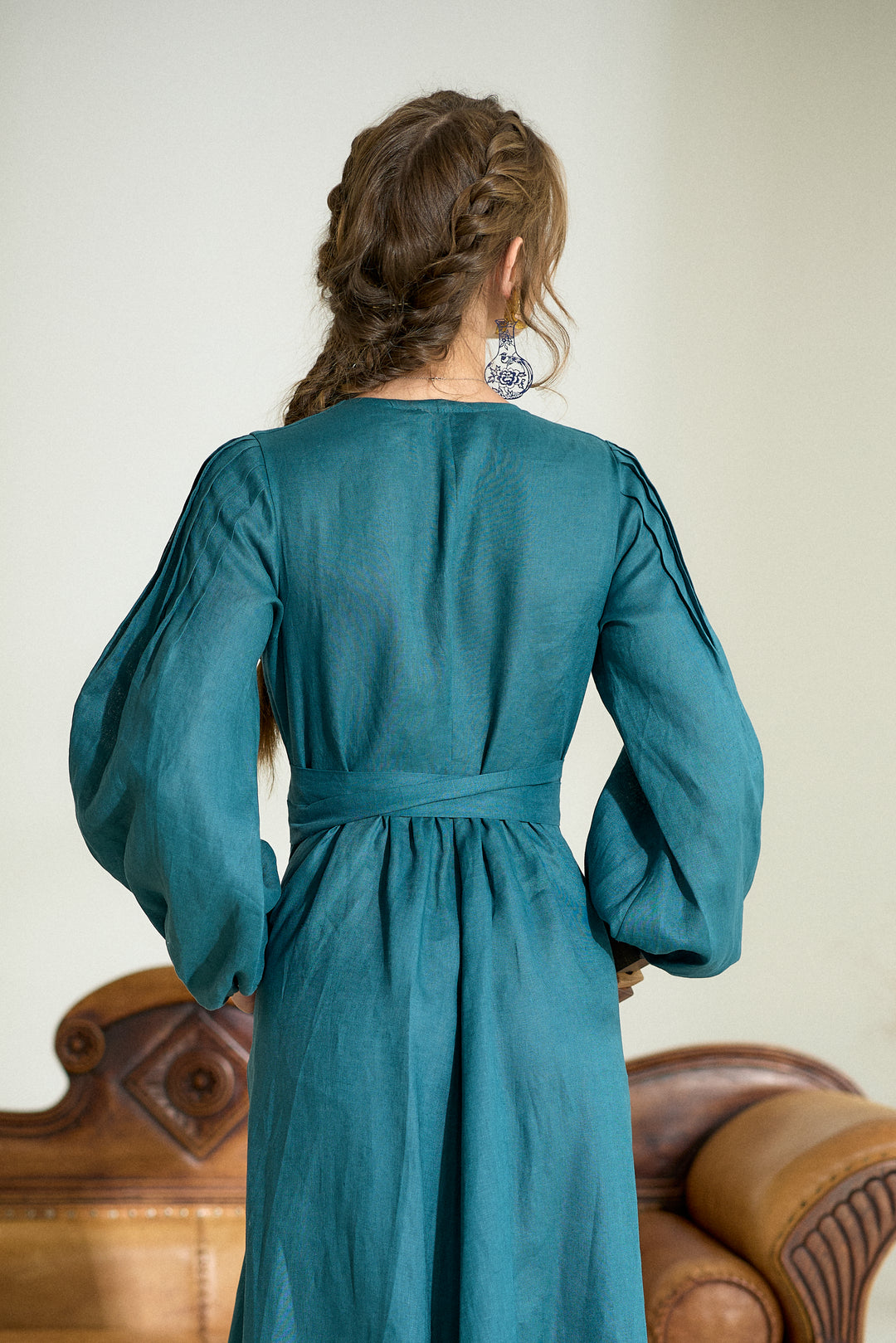 Pure Linen Wrap Maxi Dress in Petroleum Blue