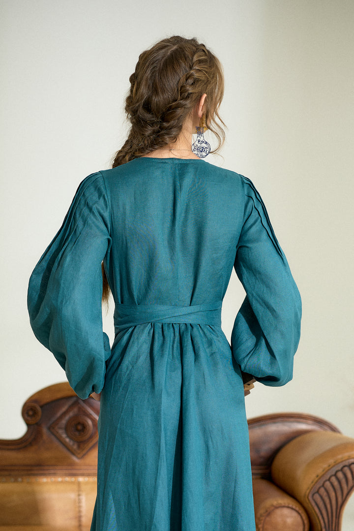 Pure Linen Wrap Maxi Dress in Petroleum Blue