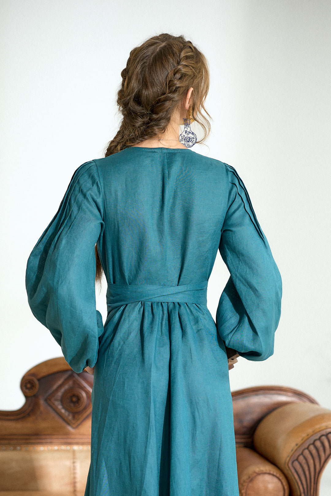 Pure Linen Wrap Maxi Dress in Petroleum Blue