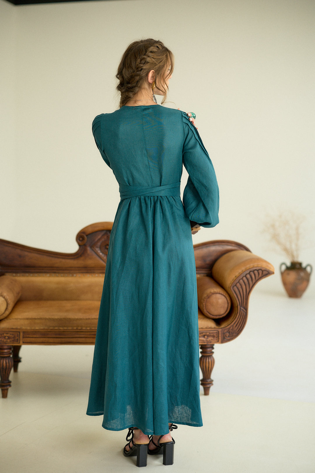 Pure Linen Wrap Maxi Dress in Petroleum Blue