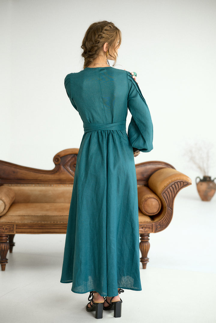 Pure Linen Wrap Maxi Dress in Petroleum Blue