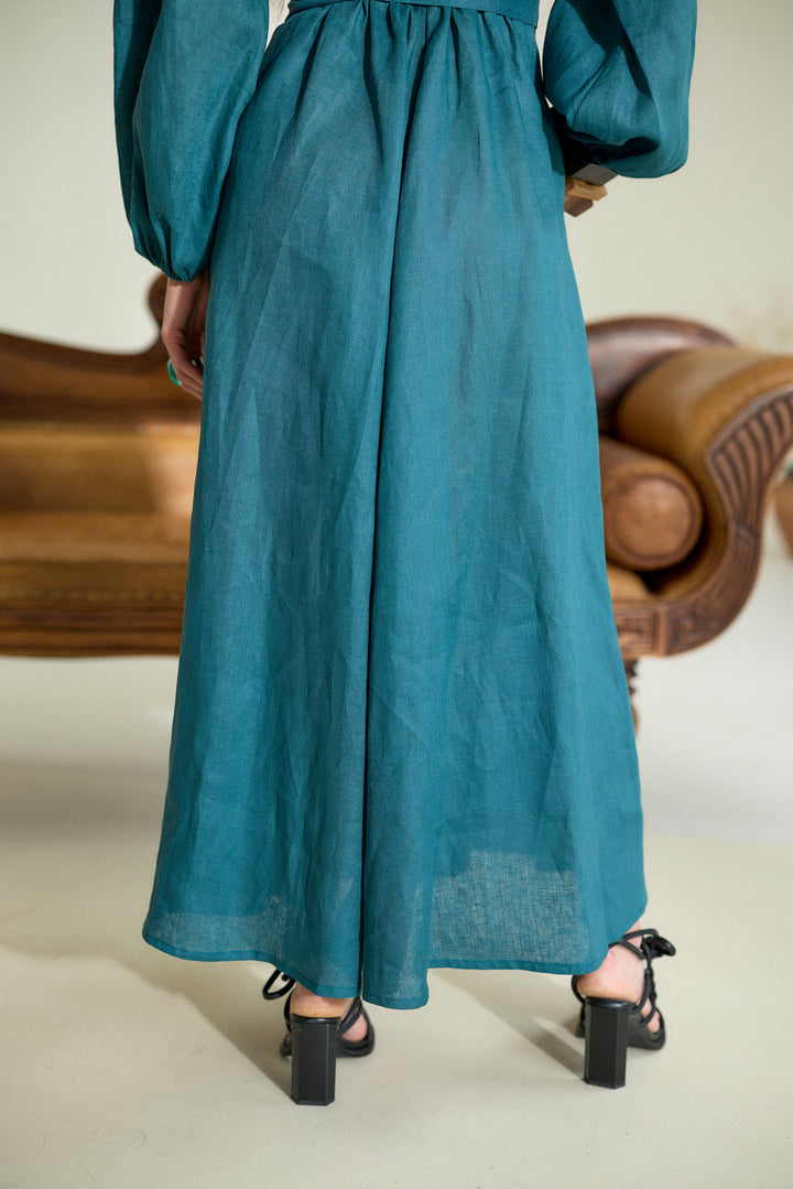 Pure Linen Wrap Maxi Dress in Petroleum Blue