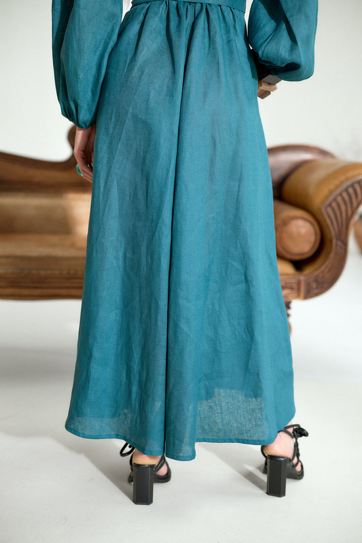 Pure Linen Wrap Maxi Dress in Petroleum Blue
