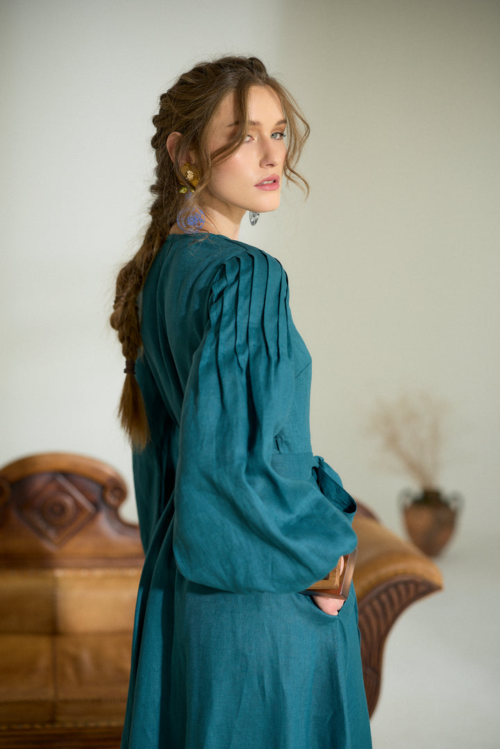 Pure Linen Wrap Maxi Dress in Petroleum Blue