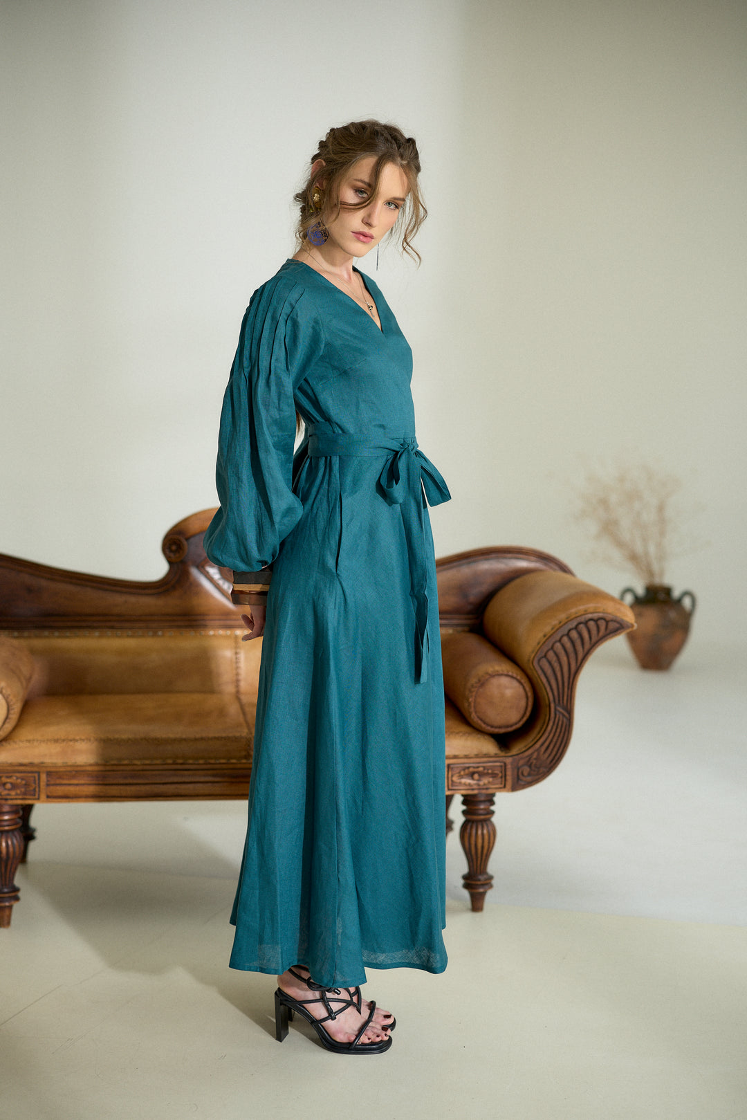 Pure Linen Wrap Maxi Dress in Petroleum Blue