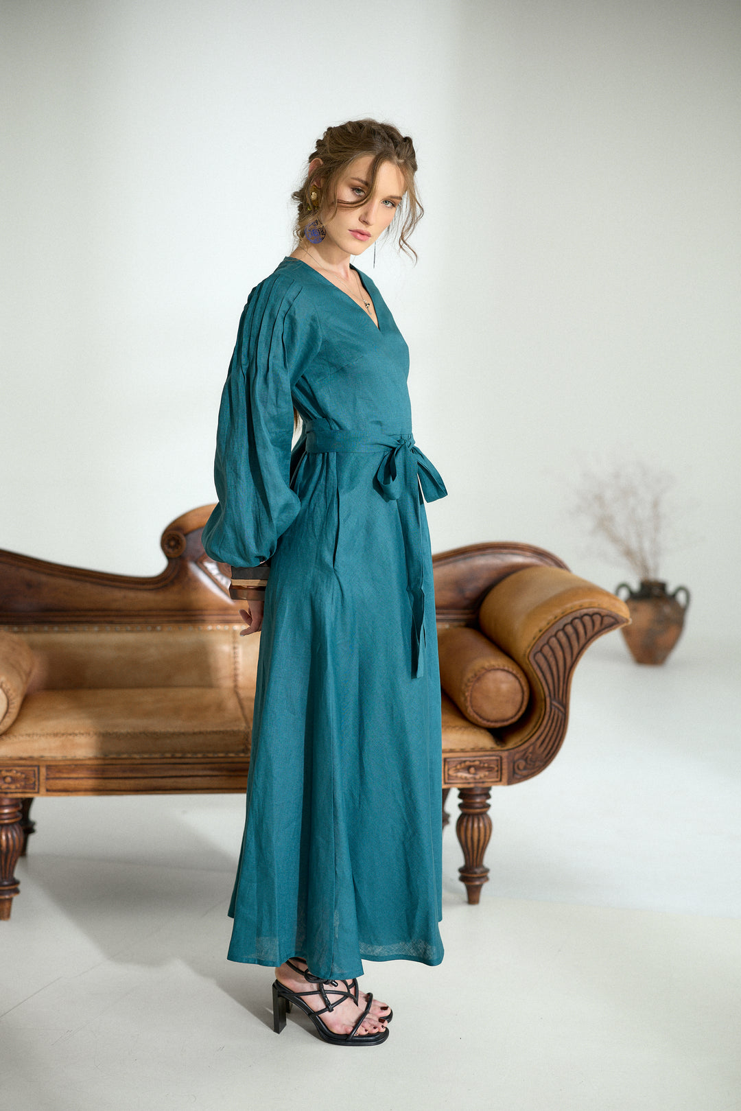Pure Linen Wrap Maxi Dress in Petroleum Blue