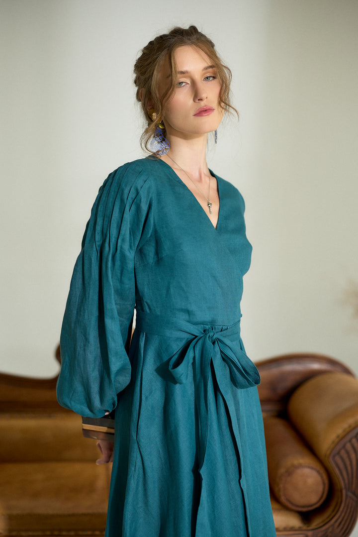 Pure Linen Wrap Maxi Dress in Petroleum Blue