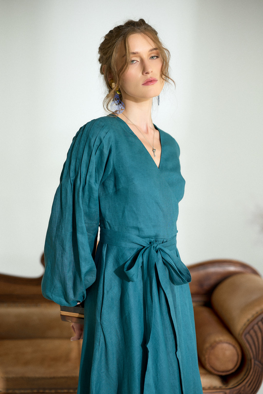 Pure Linen Wrap Maxi Dress in Petroleum Blue
