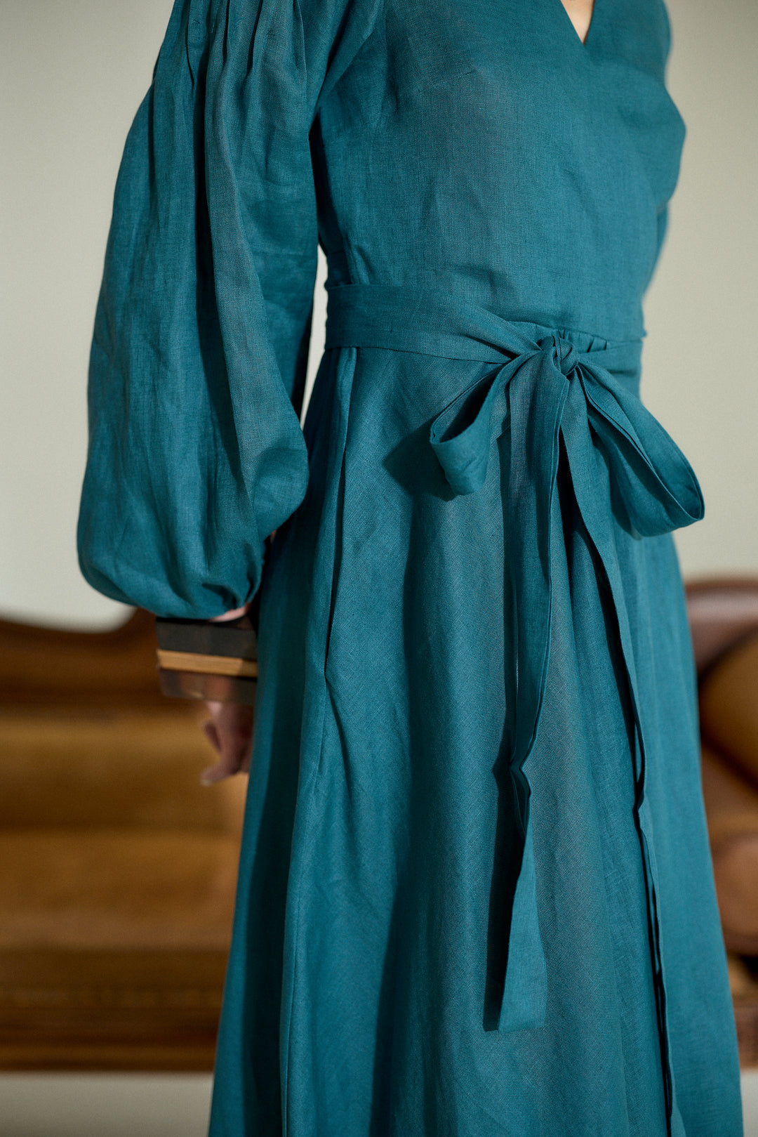 Pure Linen Wrap Maxi Dress in Petroleum Blue