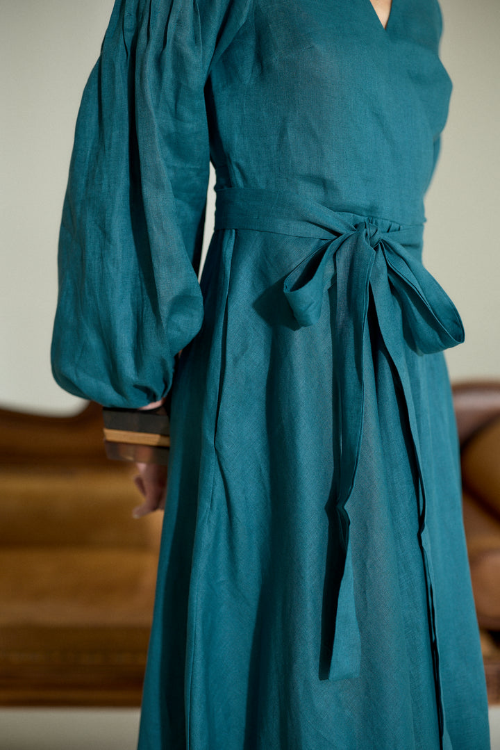 Pure Linen Wrap Maxi Dress in Petroleum Blue