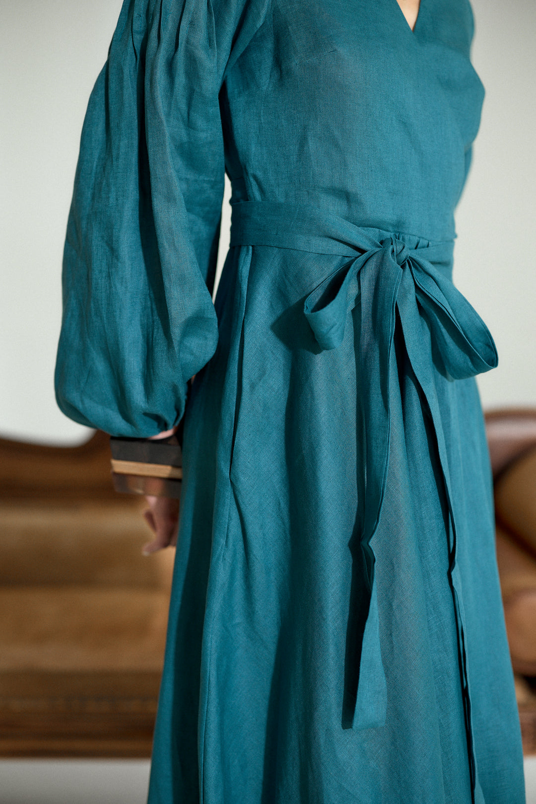 Pure Linen Wrap Maxi Dress in Petroleum Blue