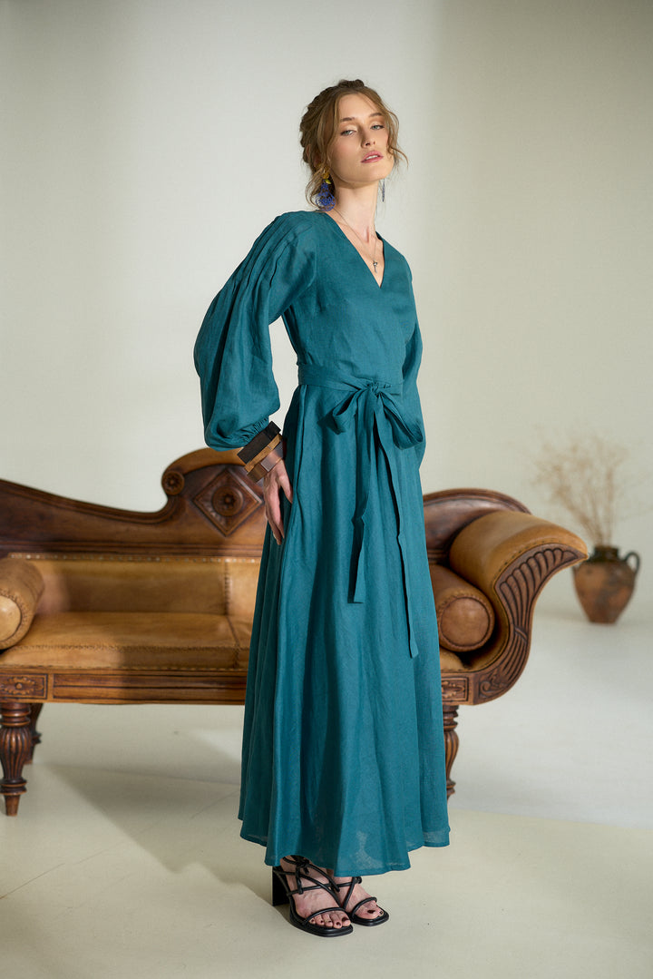 Pure Linen Wrap Maxi Dress in Petroleum Blue