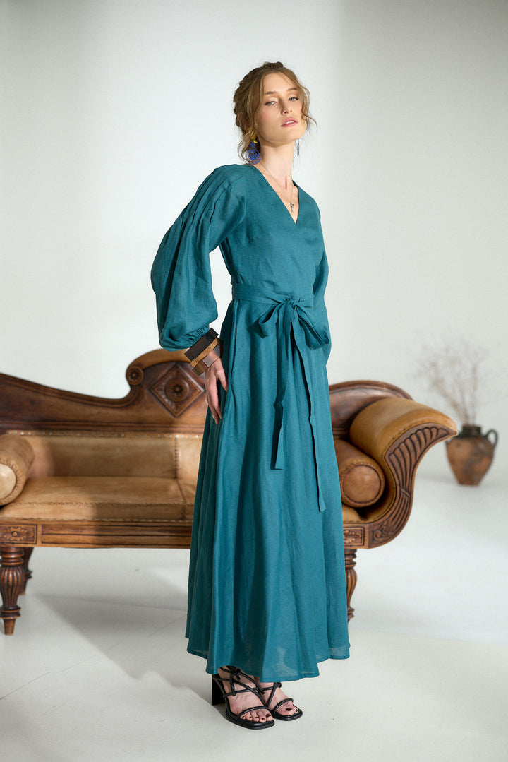 Pure Linen Wrap Maxi Dress in Petroleum Blue