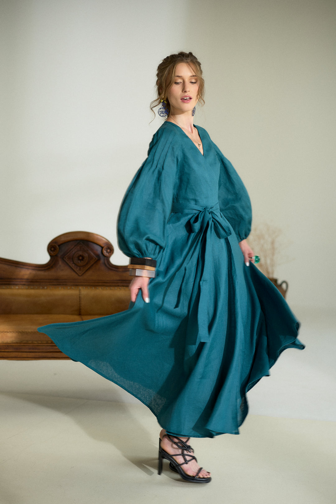 Pure Linen Wrap Maxi Dress in Petroleum Blue